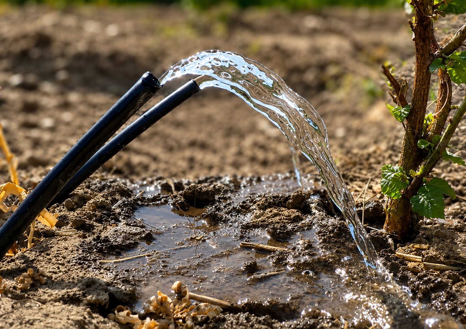 Agua de riego brotando desde tuberías de goteo sobre el suelo, al pie de una planta
